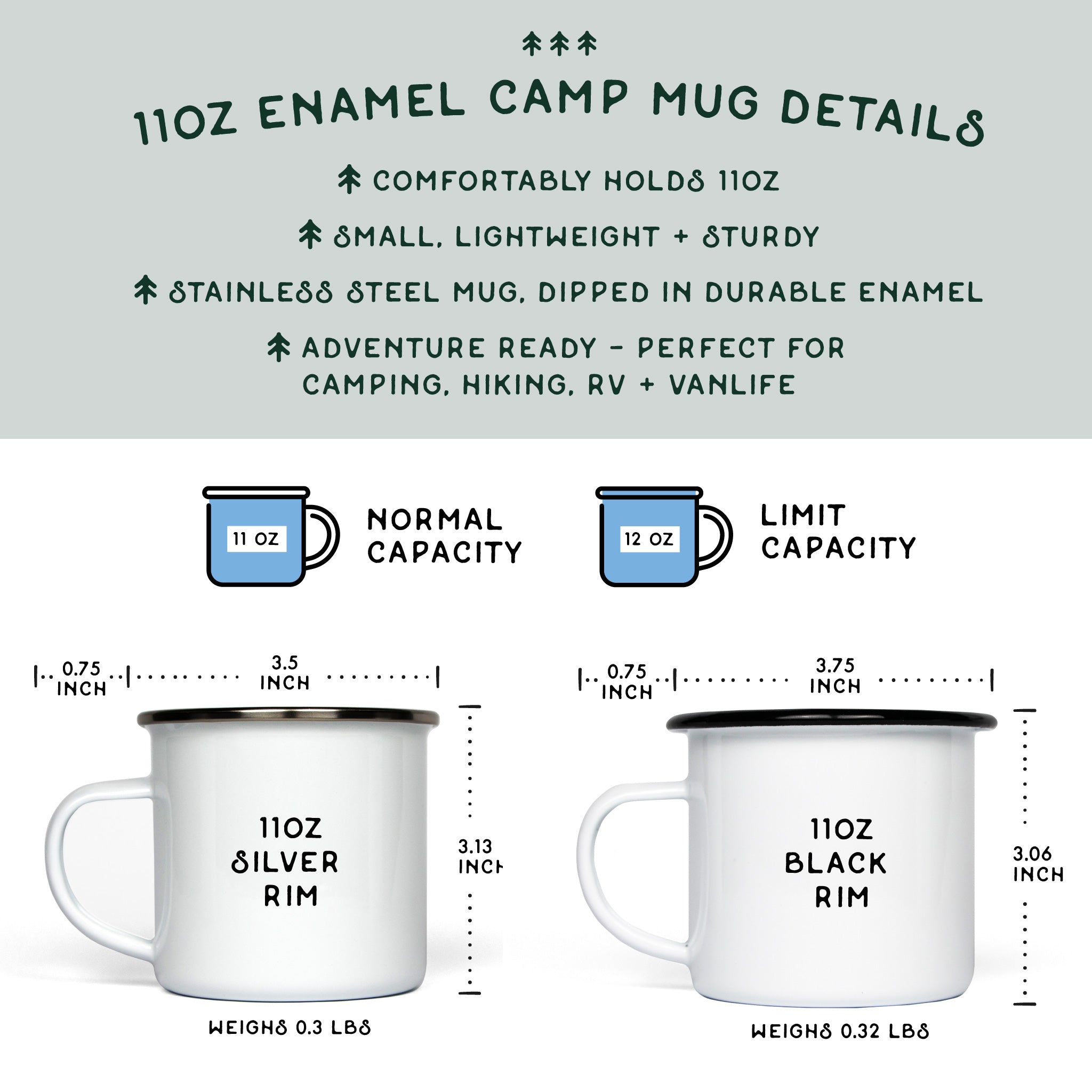 11oz Enamel Camp Mug Details: 1. comfortably holds 11oz; 2. small, lightweight & sturdy; 3. stainless steel mug, dipped in durable enamel; 4. adventure ready - perfect for camping, hiking, RV & Vanlife