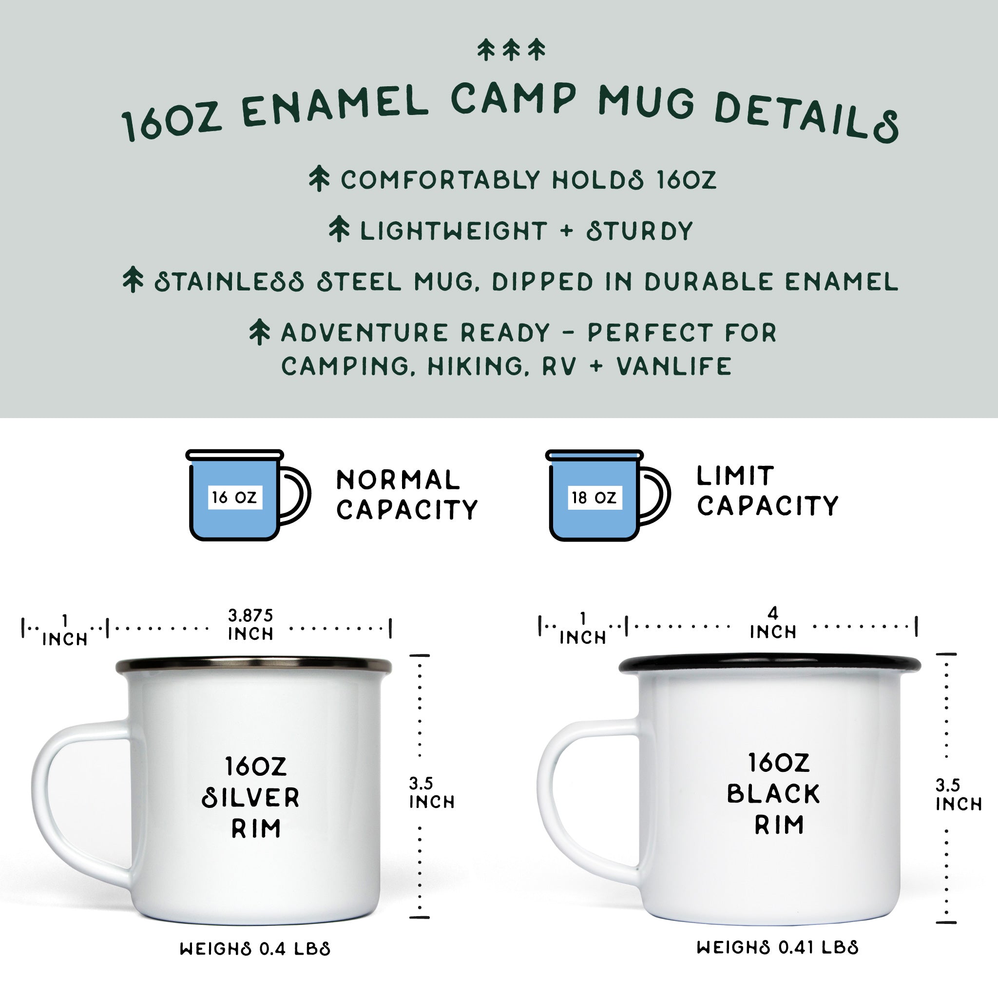 16oz Enamel Camp Mug Details: 1. comfortably holds 16oz; 2. lightweight & sturdy; 3. stainless steel mug, dipped in durable enamel; 4. adventure ready - perfect for camping, hiking, RV & Vanlife