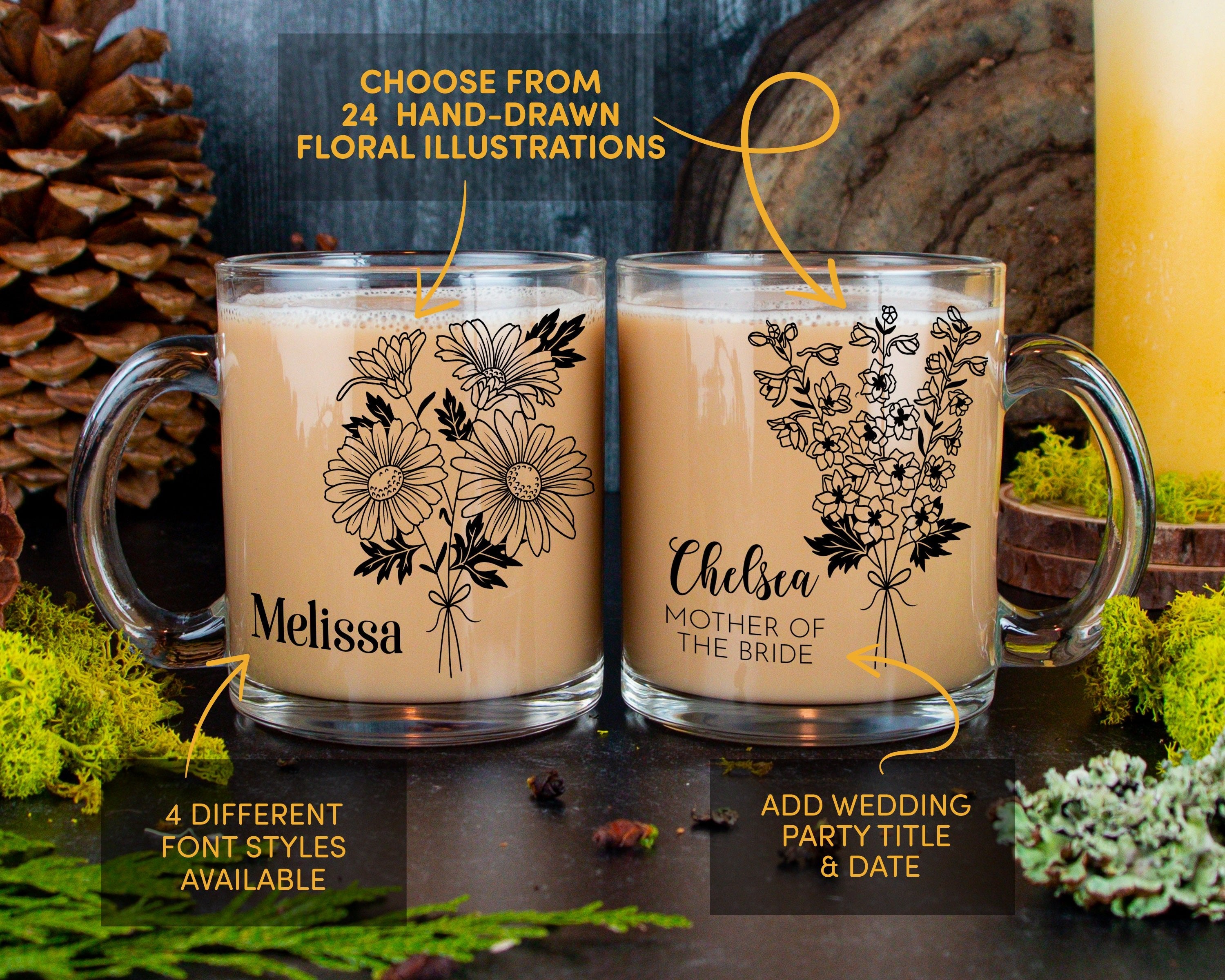 Birth Flower Bridal Party Mug Glass Mug - Modish Outdoors