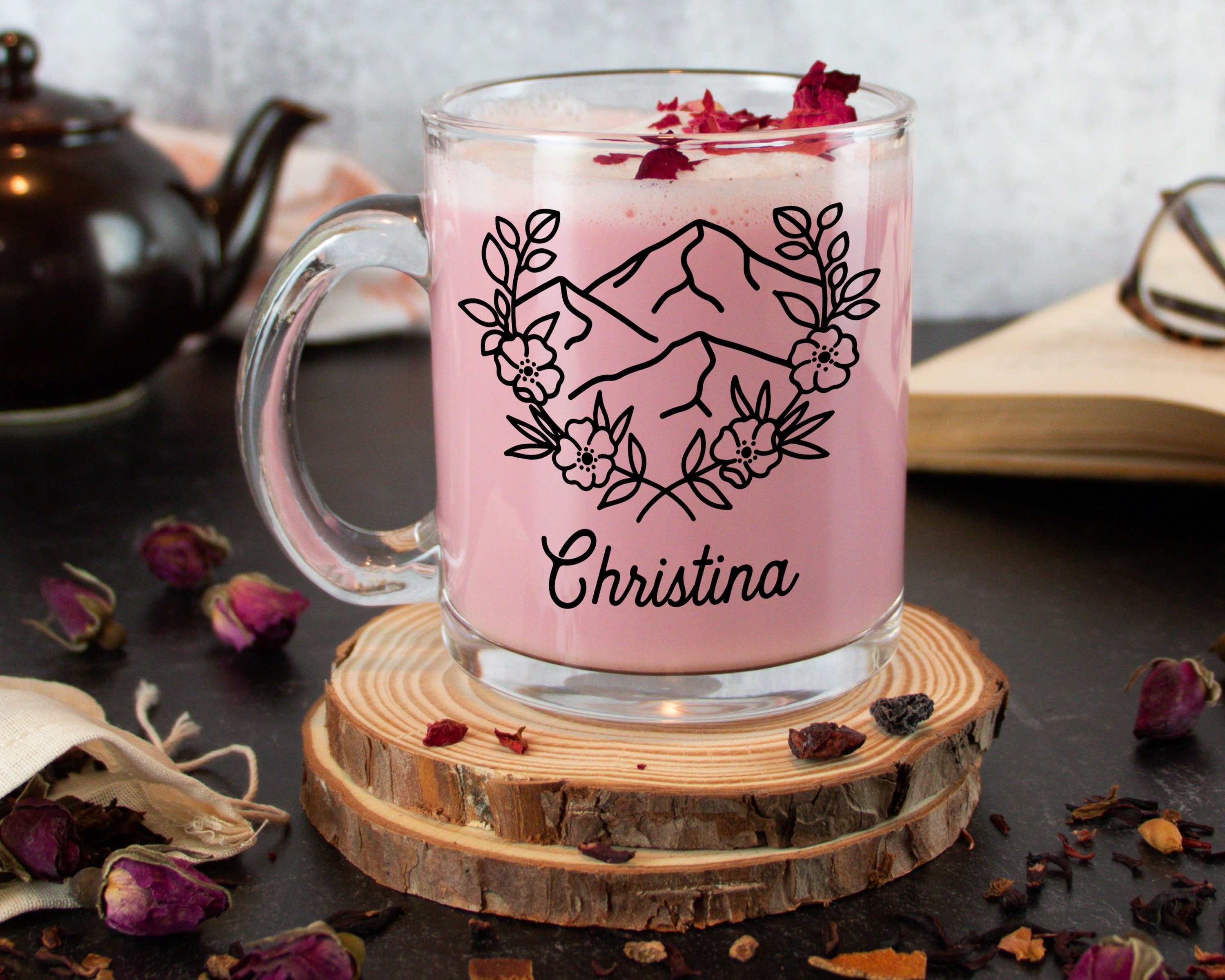 Mountain Floral Frame Bridal Party Mug Glass Mug - Modish Outdoors