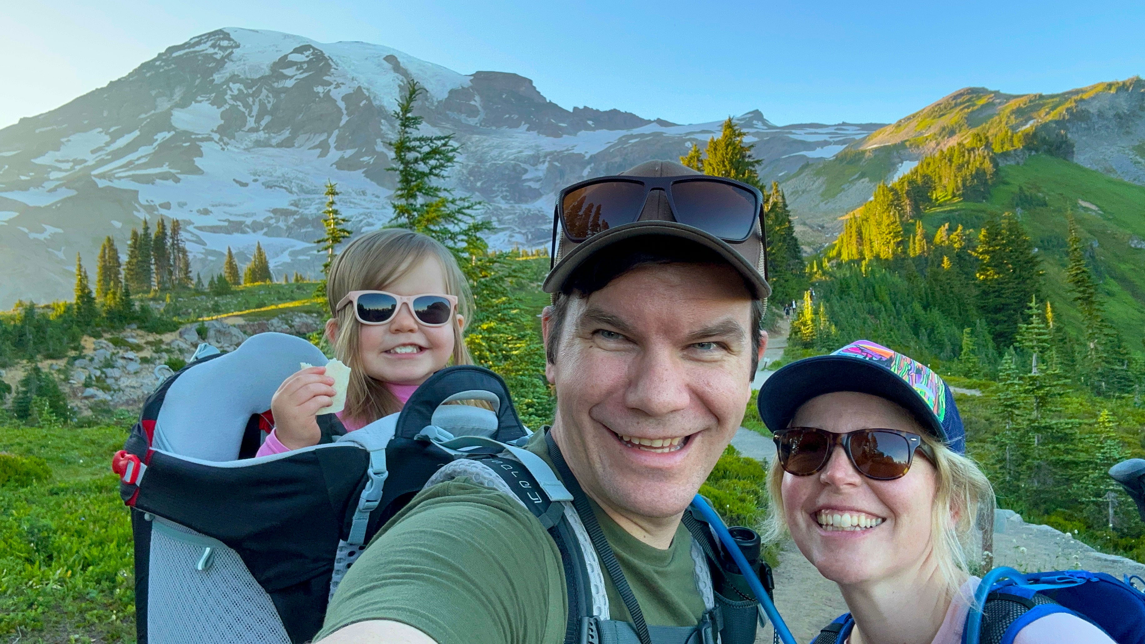 Selfie photo of Aaron, Kristin and daughter hiking at Paradise in Mount Rainier National Park