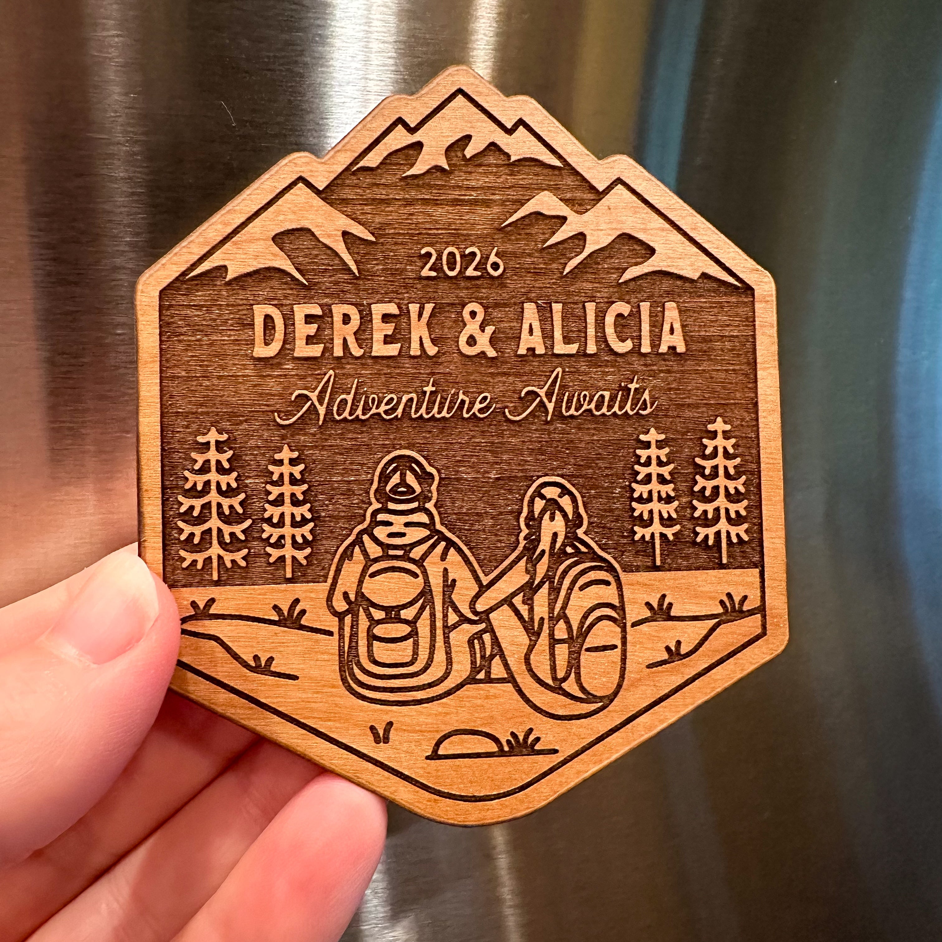 Mountain Hiking Couple Wood Magnet
