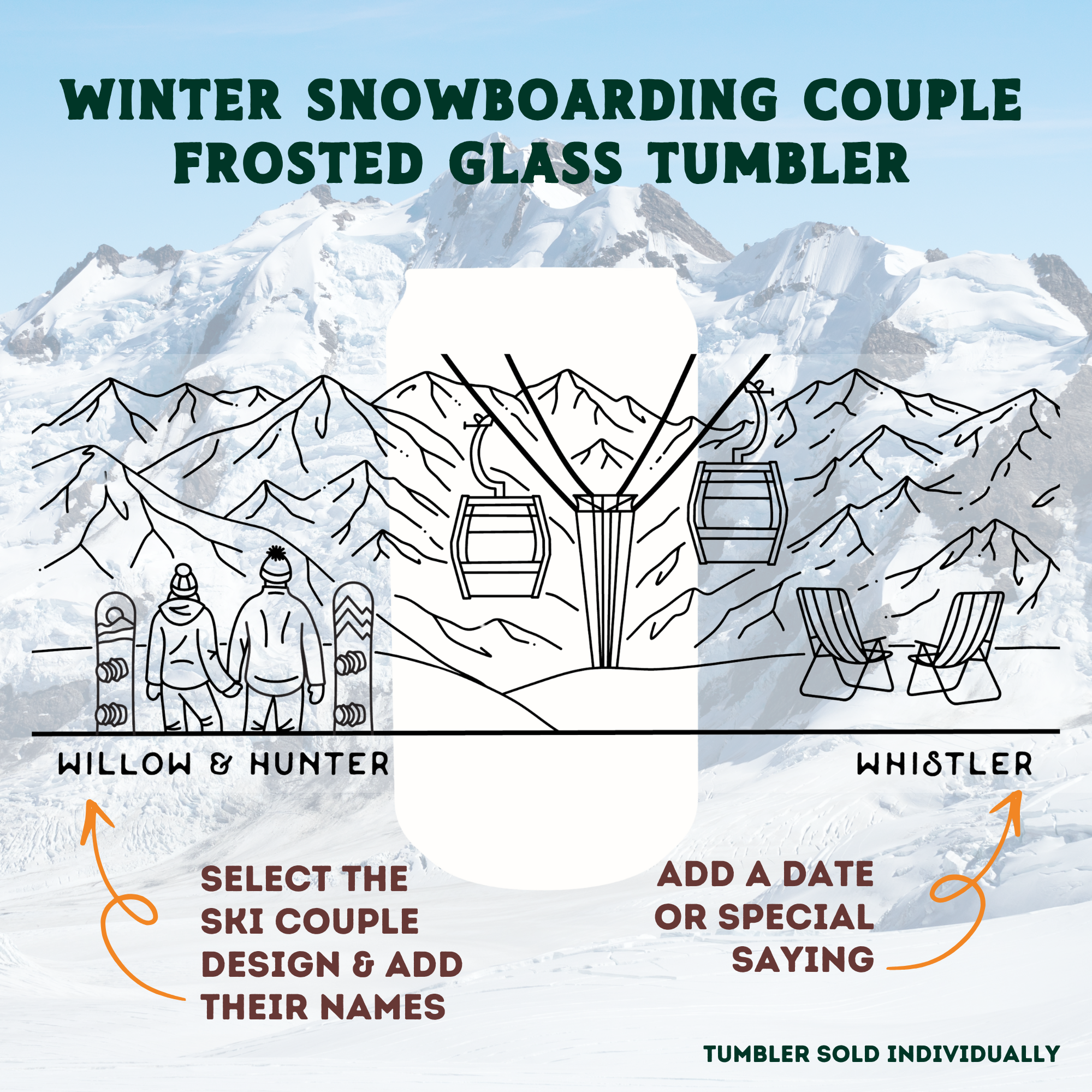 Winter Snowboarding Couple Frosted Glass Tumbler infographic. Shows full wrap design. Arrow points left - Select the snowboarding couple design & add their names. Another arrow points right - add a date or special saying. Tumbler sold individually.