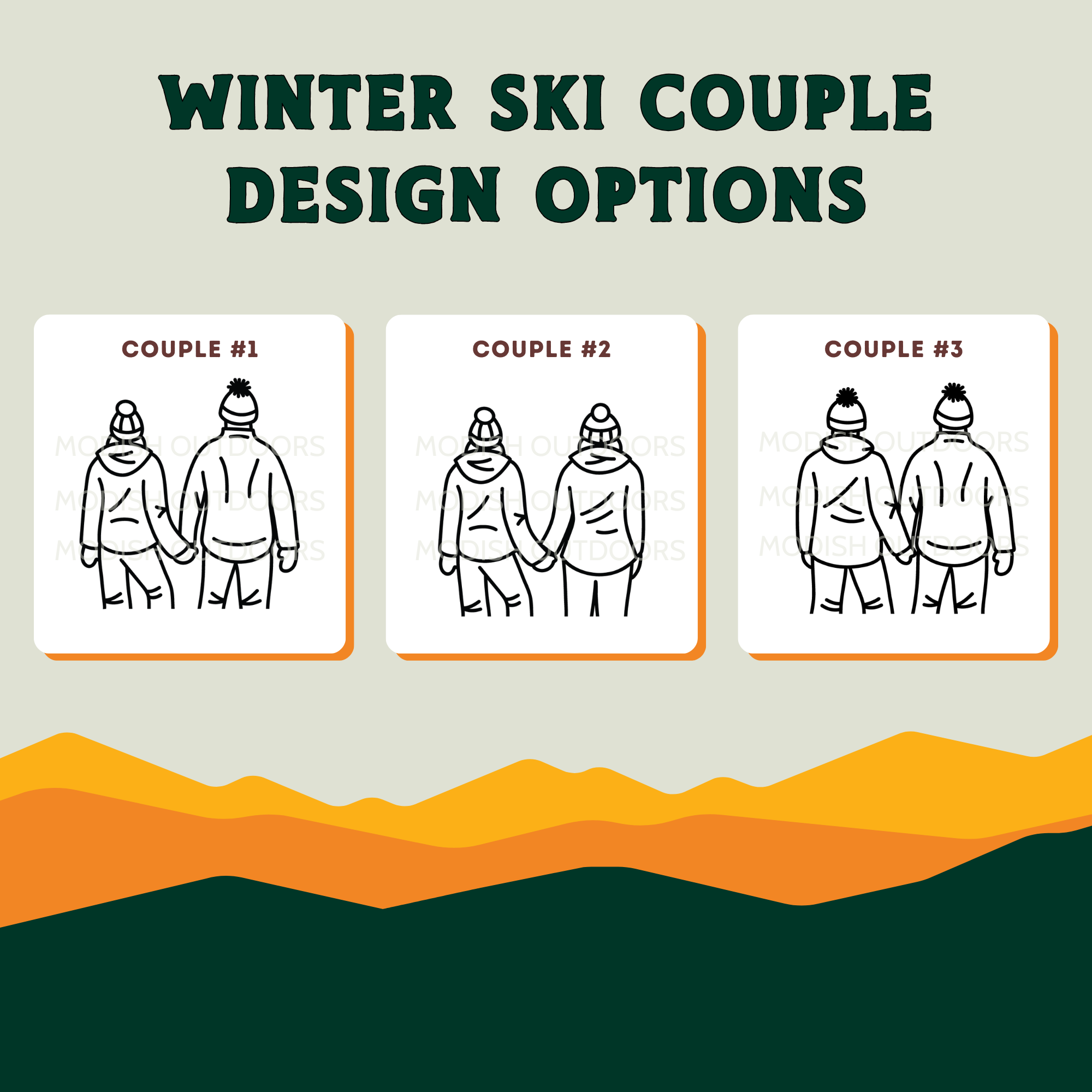 Winter ski couple design options. Couple 1 of man & woman. Couple 2 of two women. Couple 3 of two men.