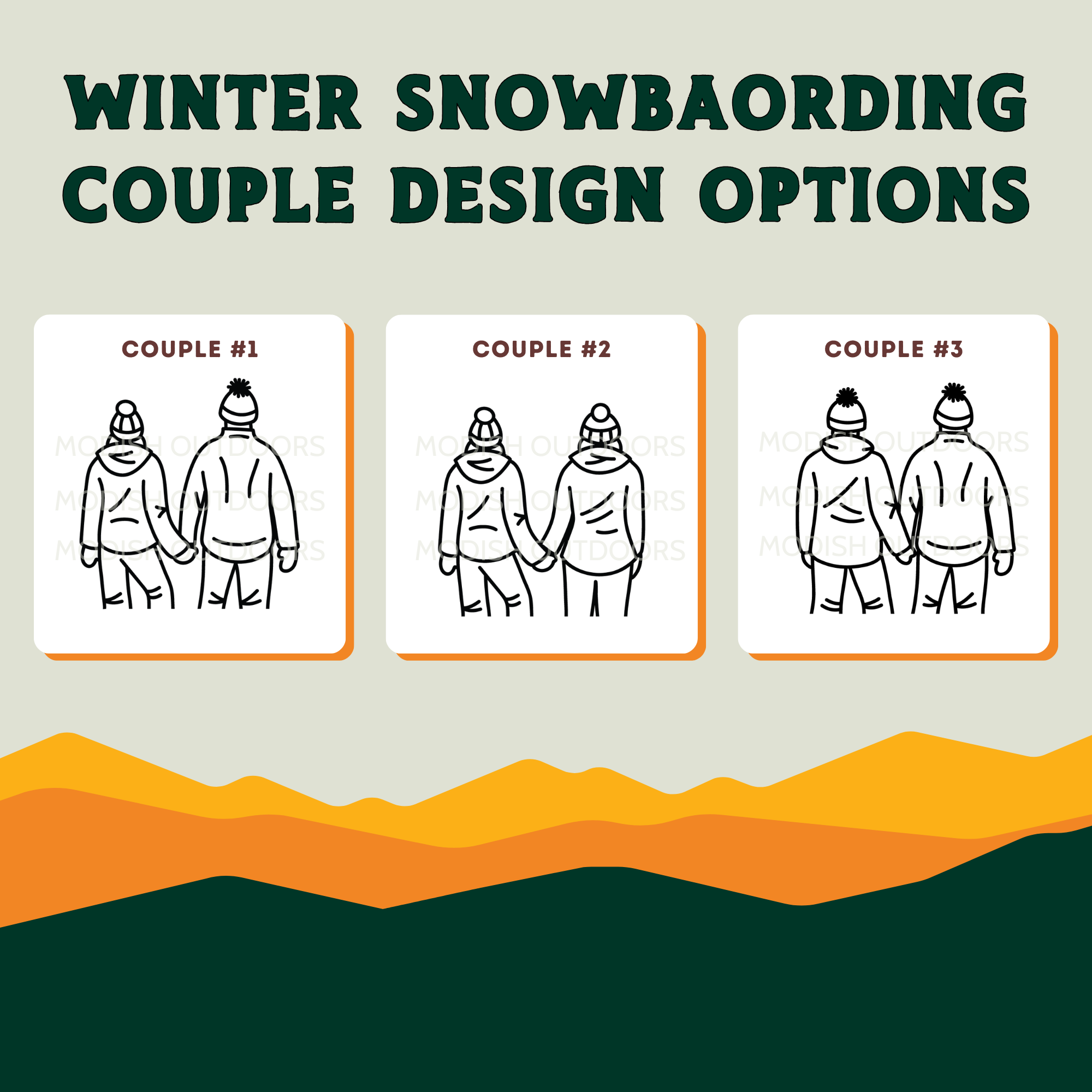 Winter snowboarding couple design options. Couple 1 of man & woman. Couple 2 of two women. Couple 3 of two men.