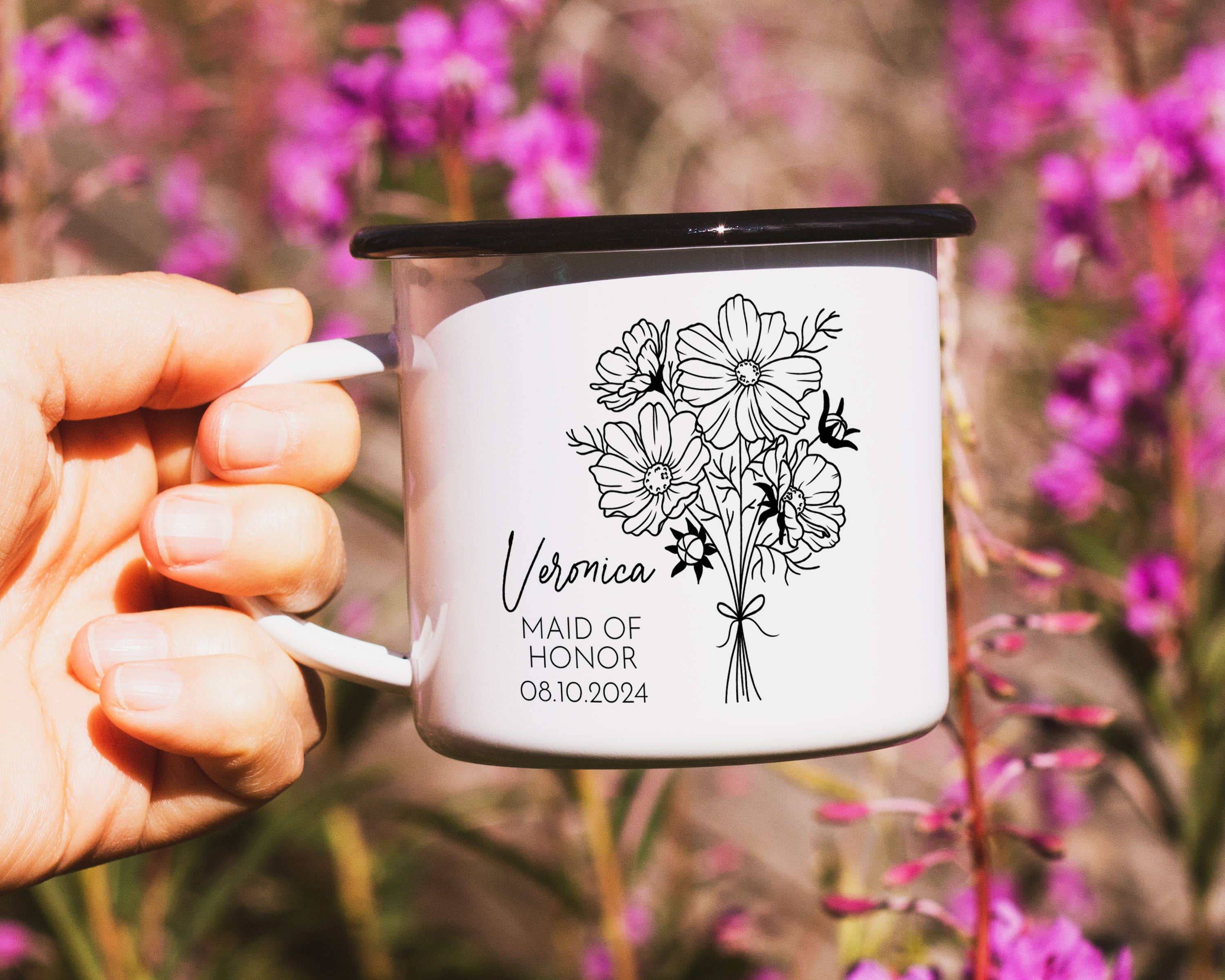 Birth Flower Bridal Party Enamel Mug
