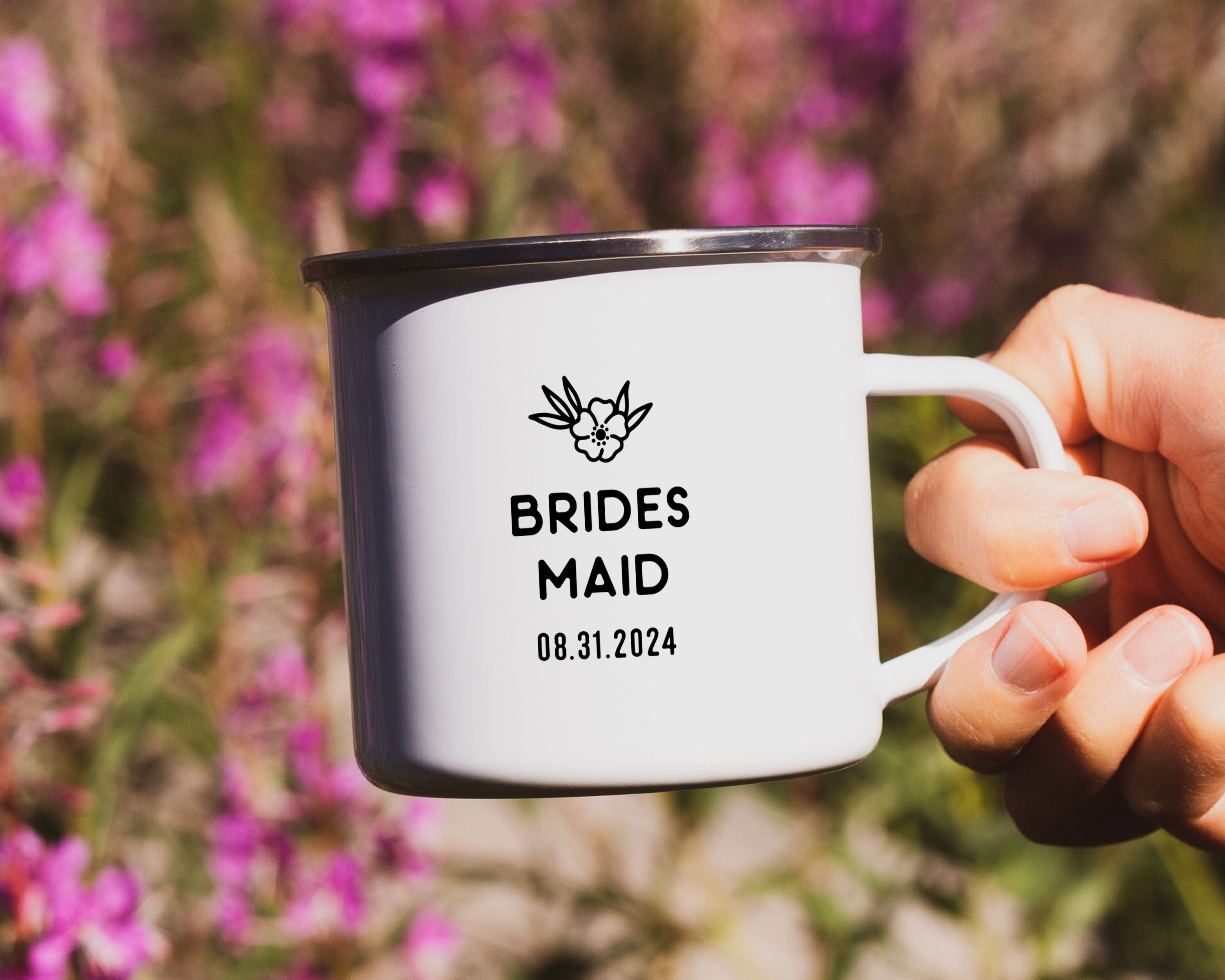 Mountain Floral Frame Bridal Party Enamel Camp Mug