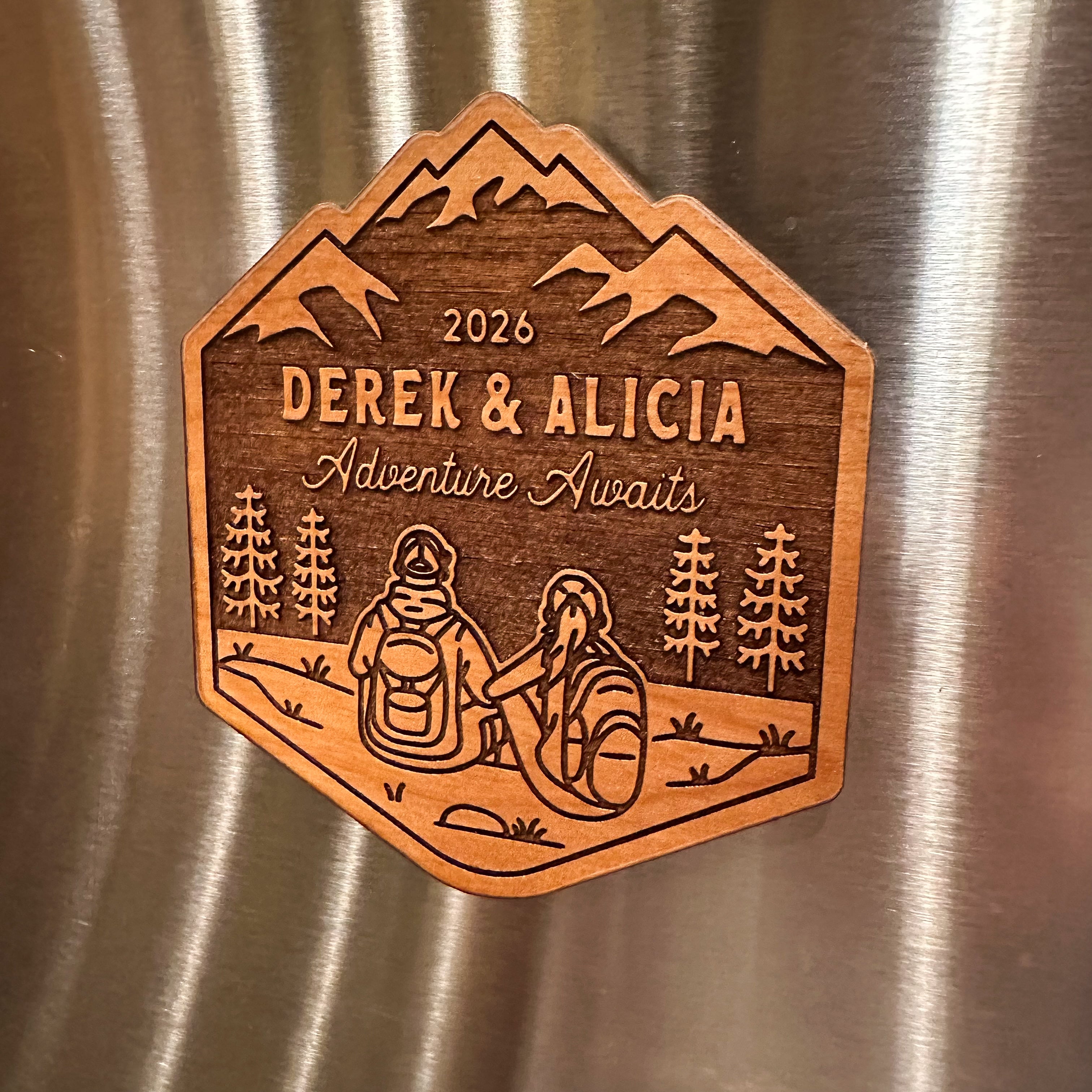 Mountain Hiking Couple Wood Magnet