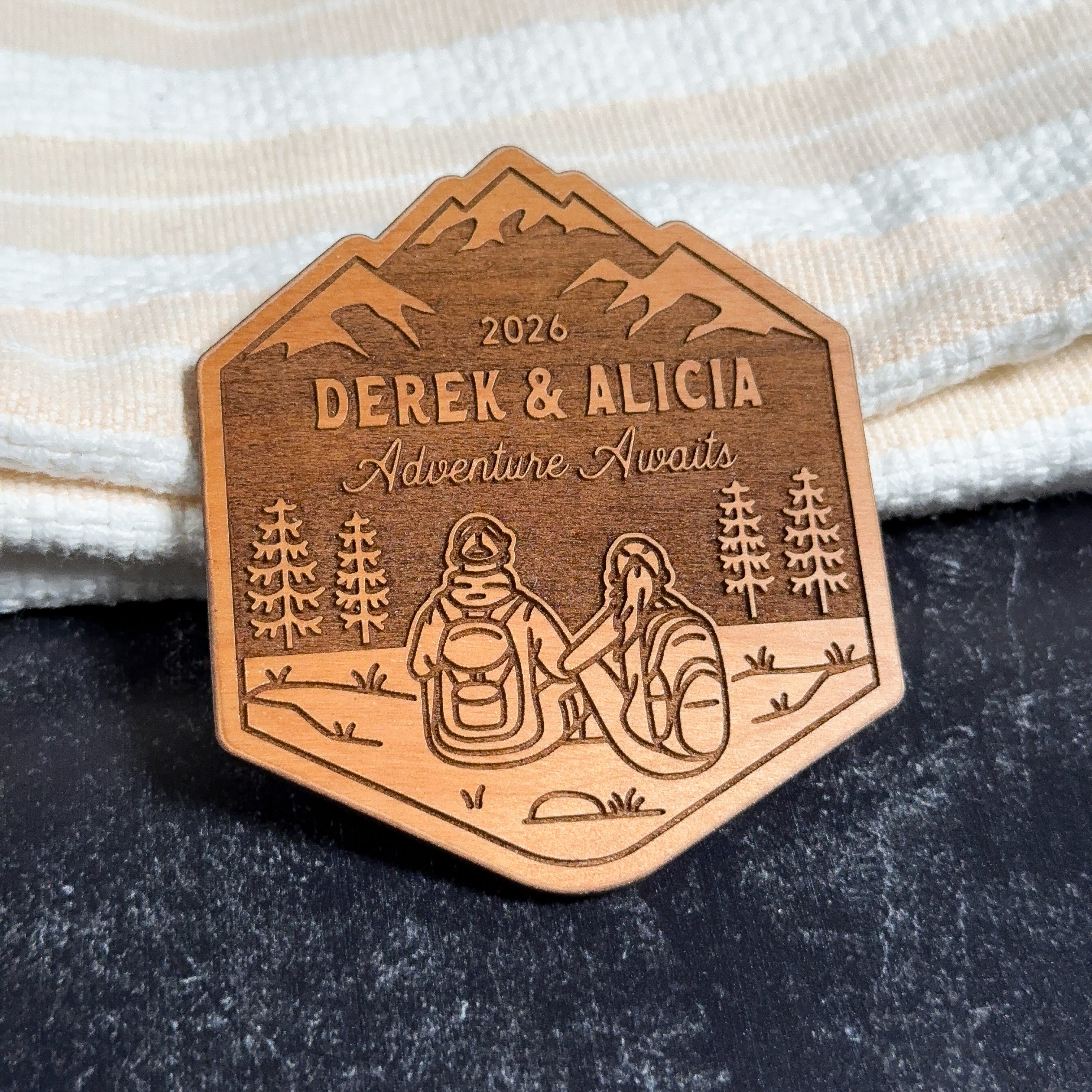 Mountain Hiking Couple Wood Magnet