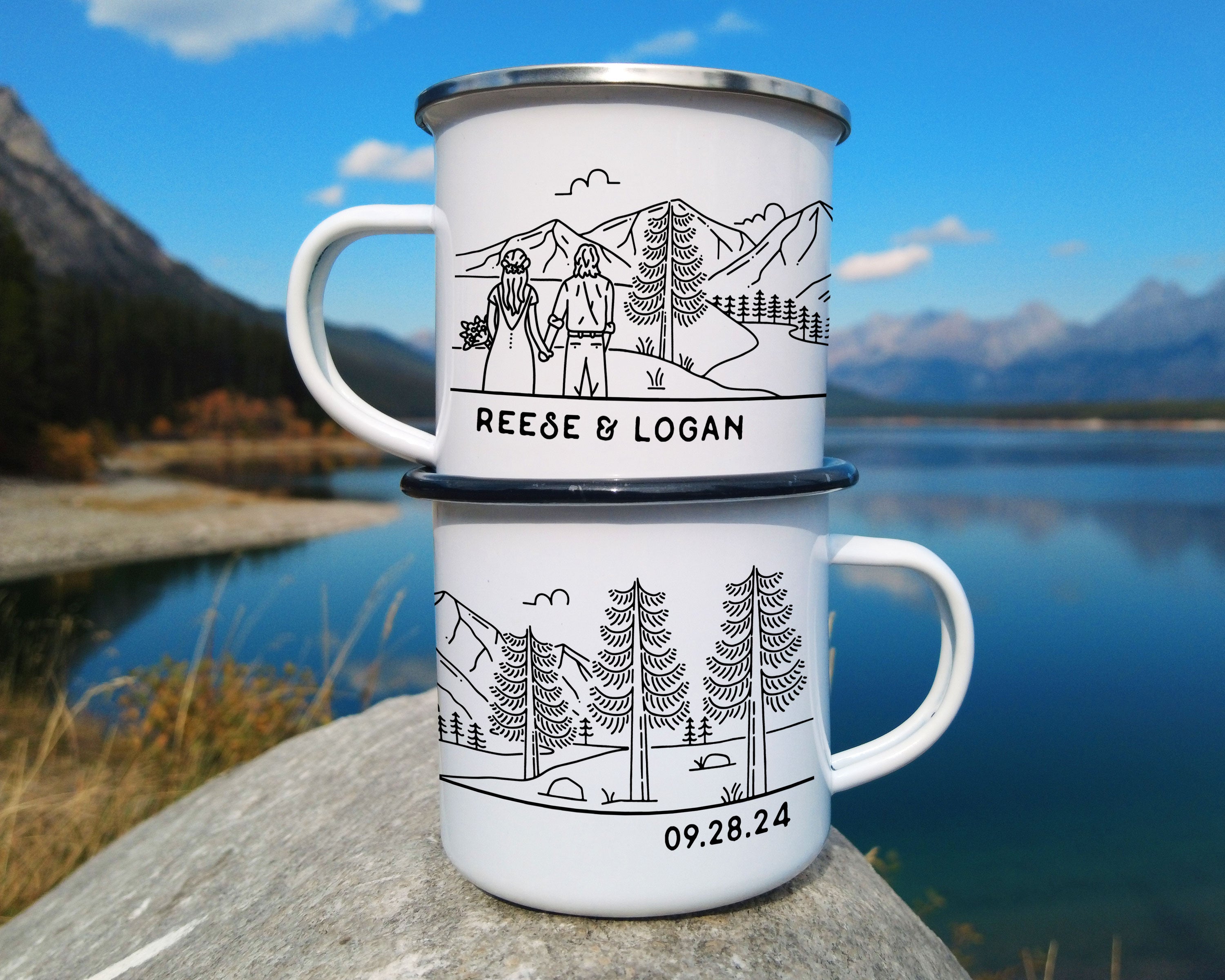 Adventure Camping Mugs Campfire Cup with Forest Print Enamel