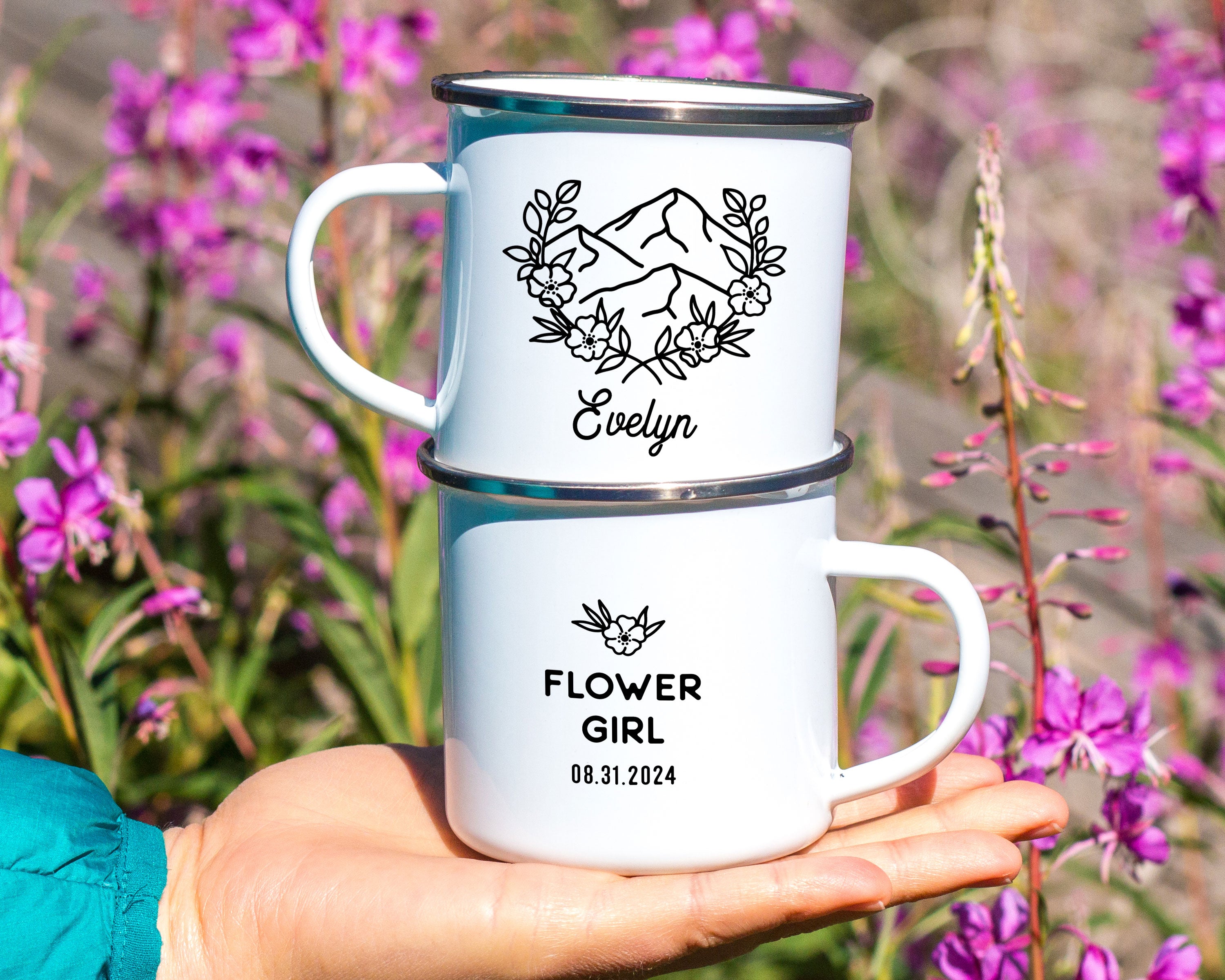 Mountain Floral Frame Bridal Party Enamel Camp Mug