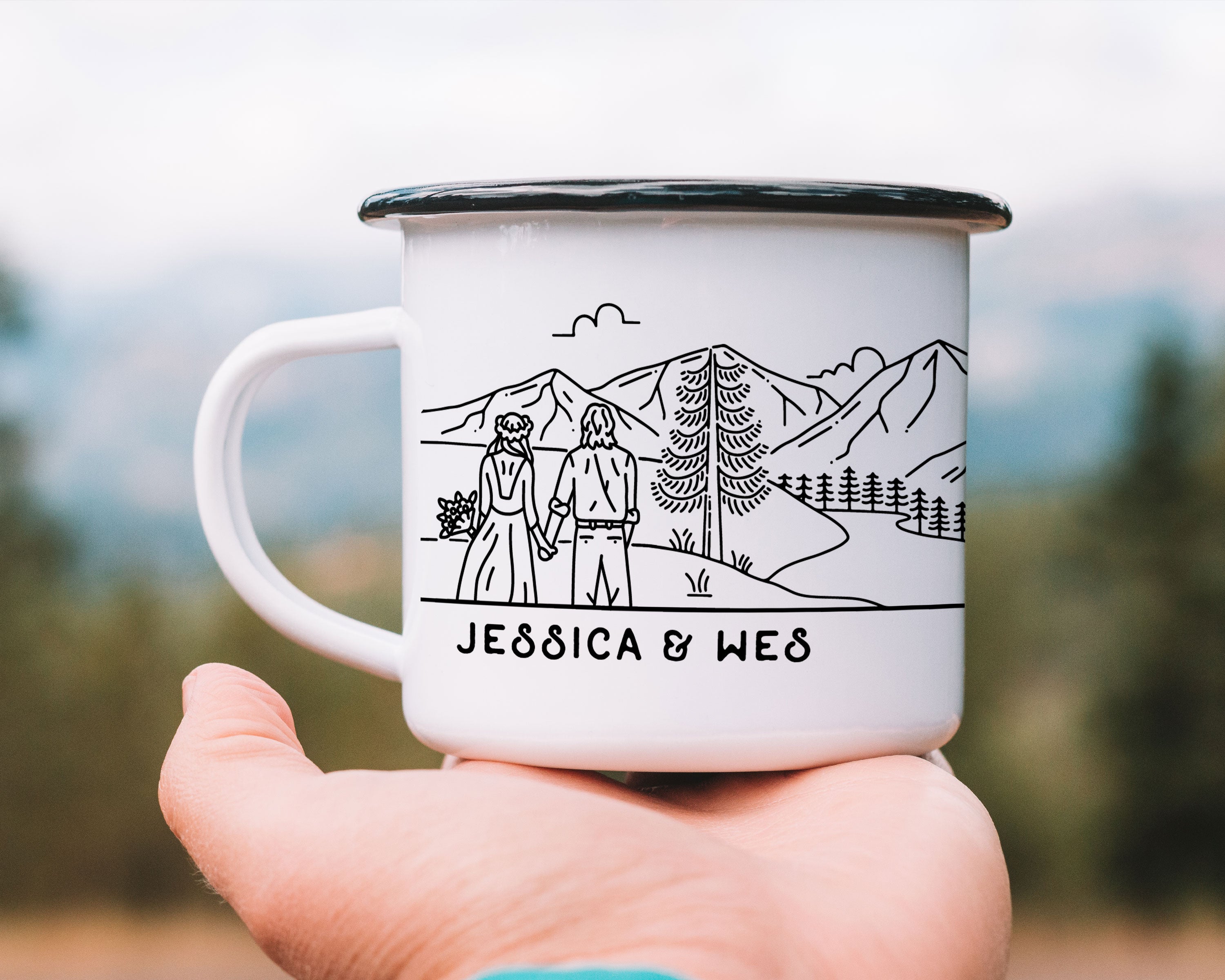 Bride & Groom Mountain Wedding Enamel Camp Mug - Couple 5